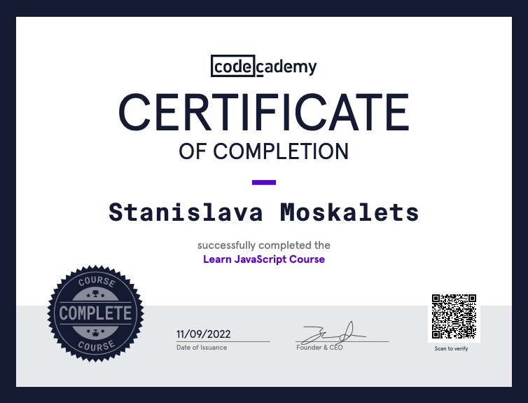 Codecademy JavaScript course certificate