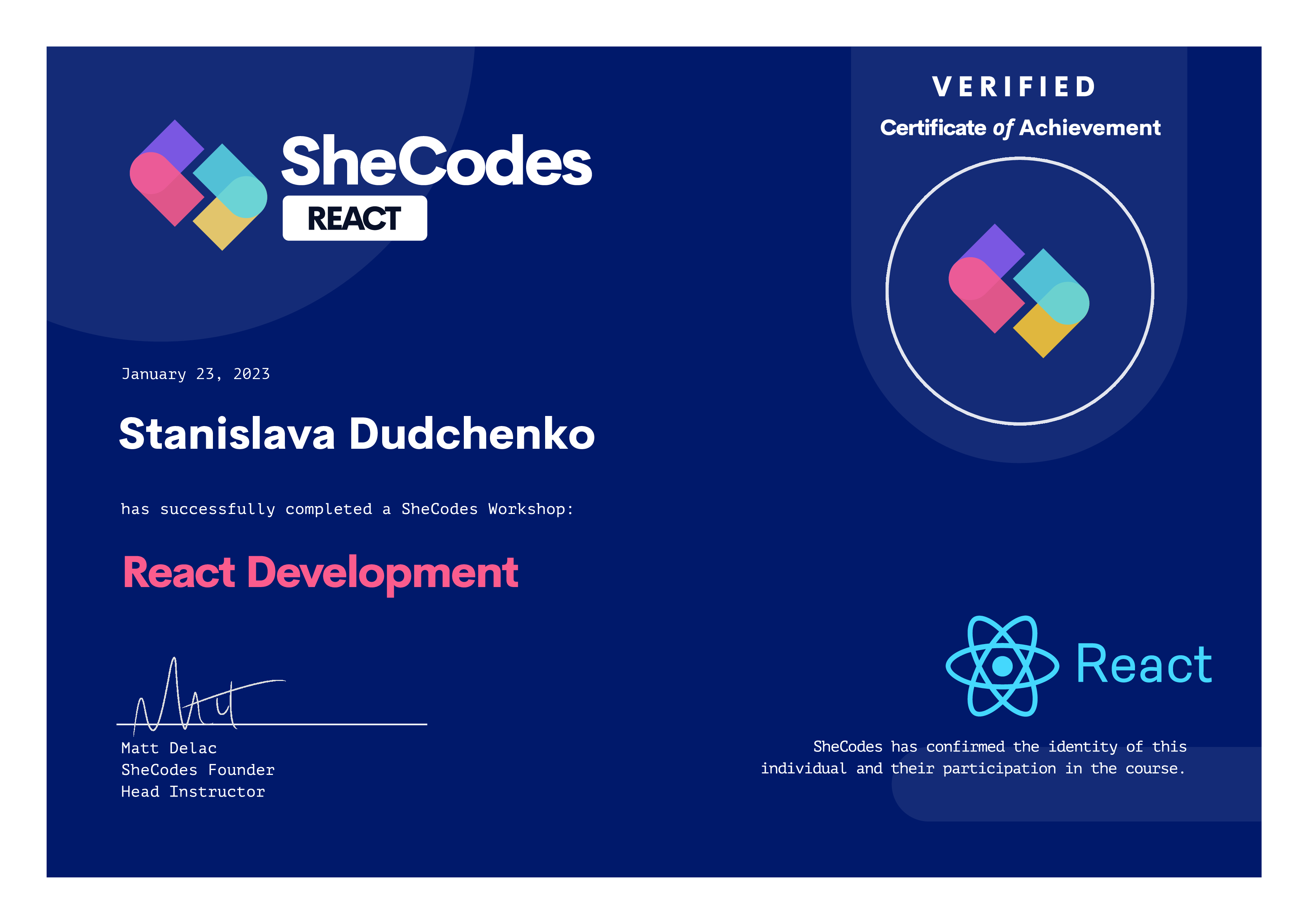 SheCodes React certificate