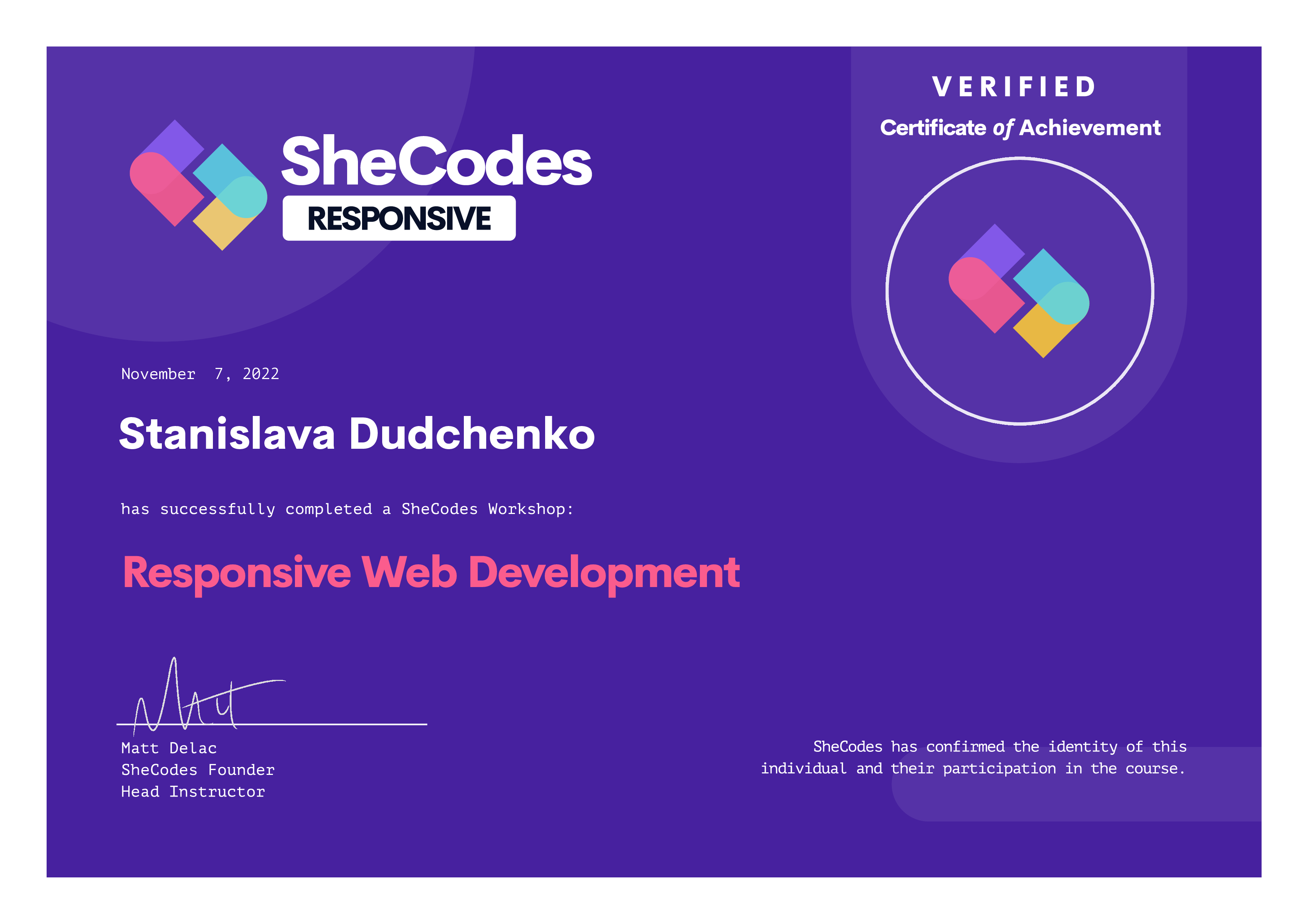 SheCodes Responsive certificate