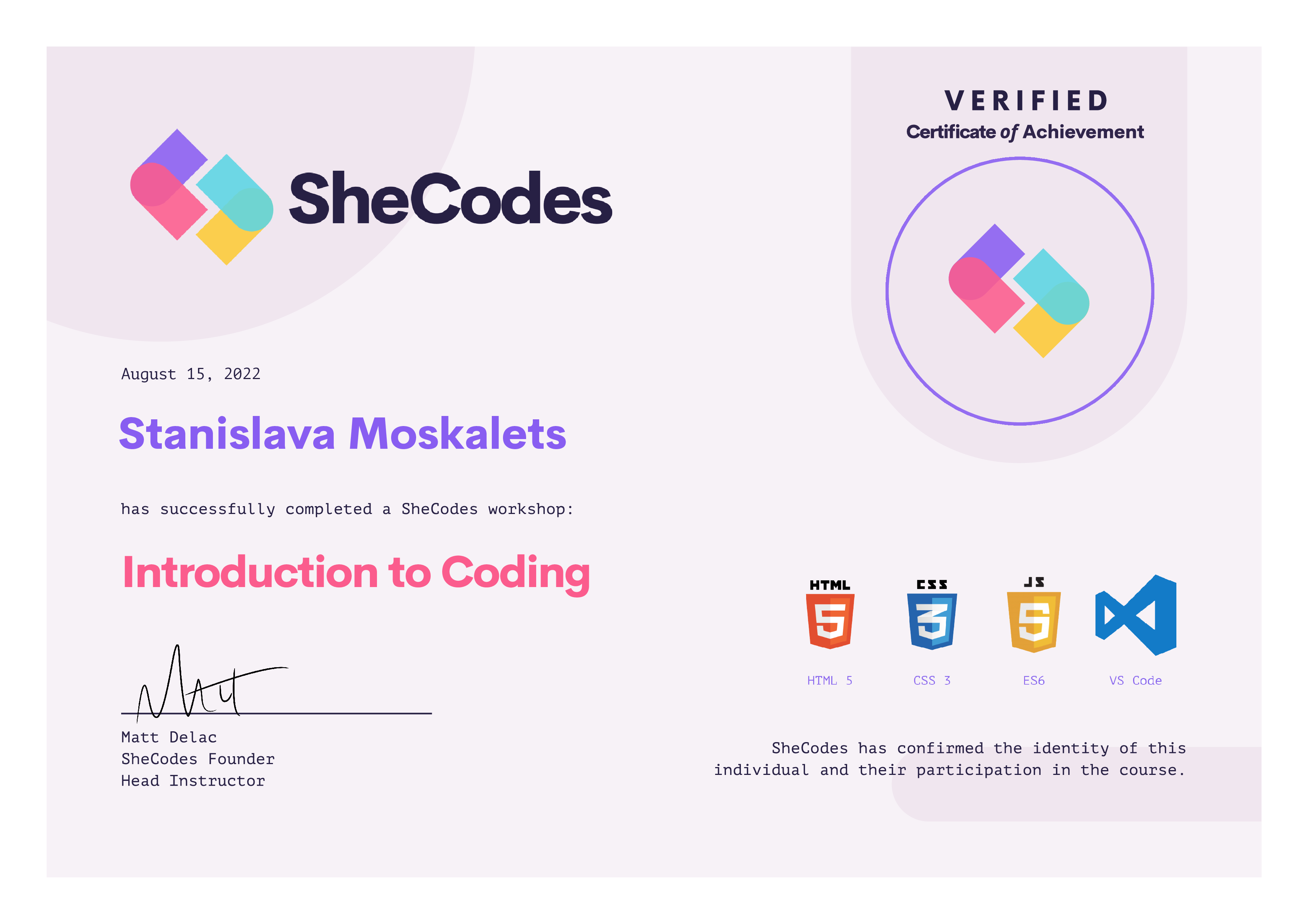 SheCodes Basics certificate