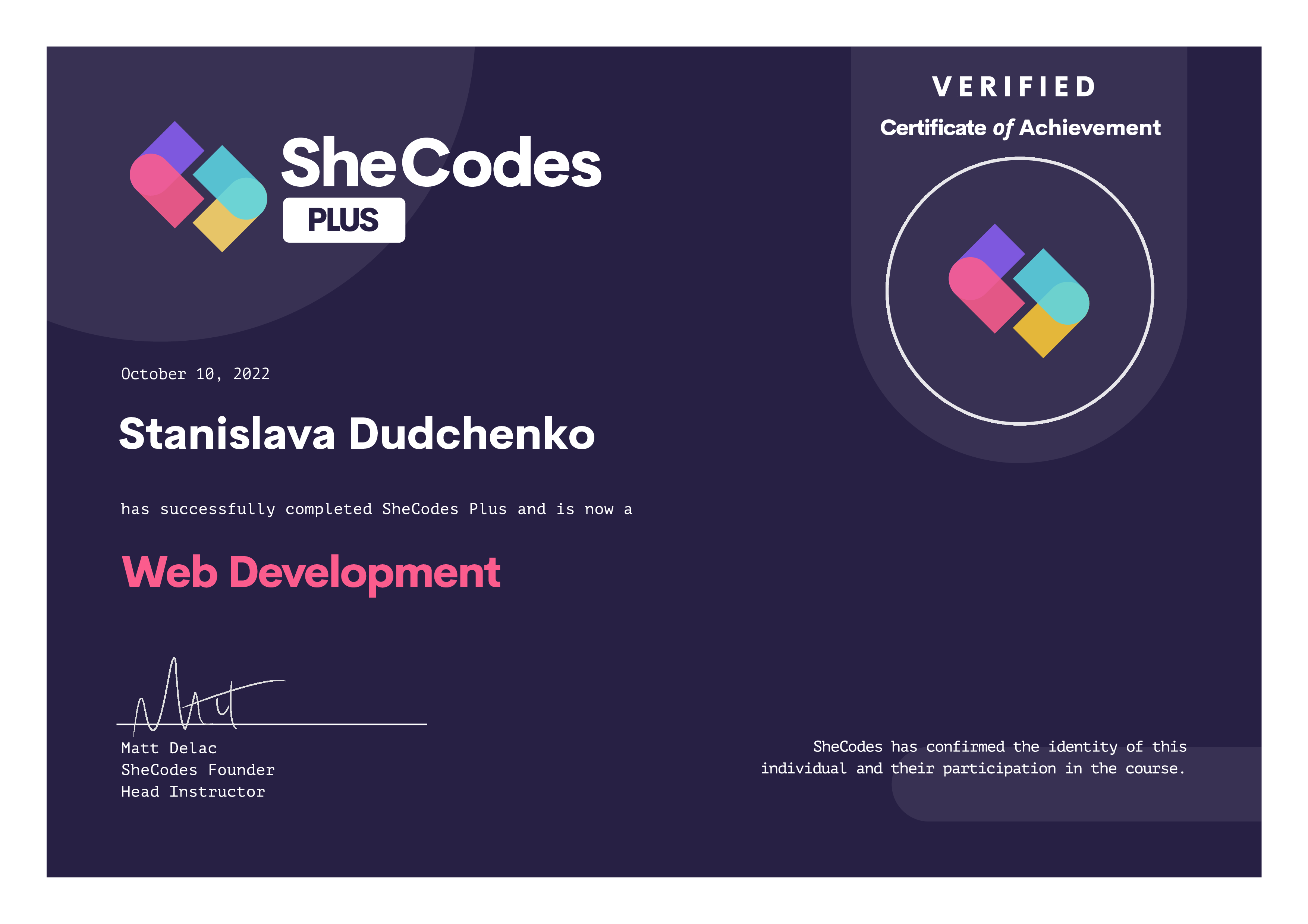 SheCodes Plus certificate